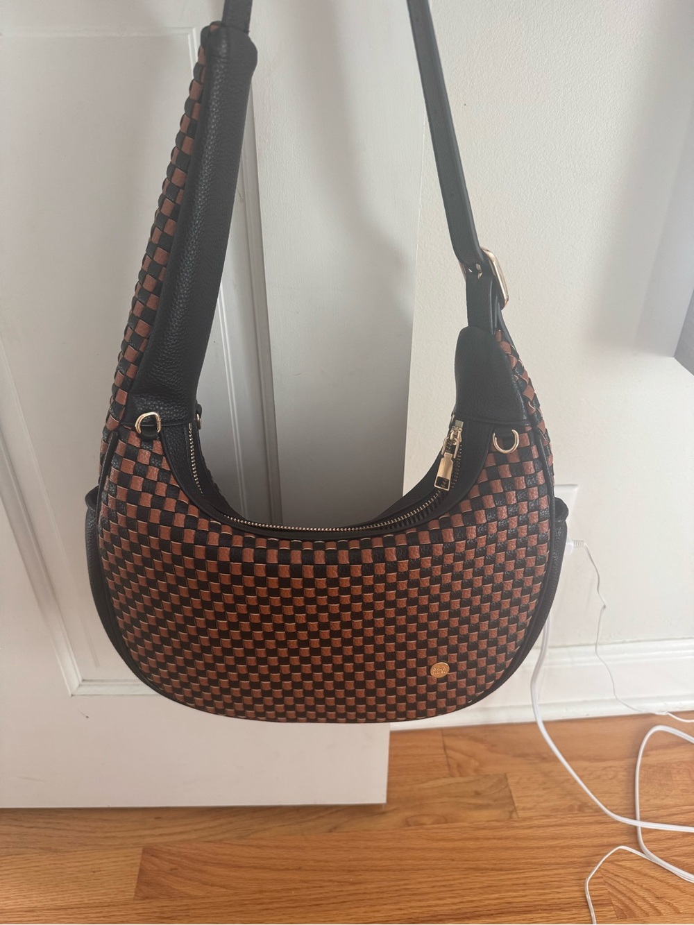 Gold Blush Woven Checker shoulder bag- Brown and Black